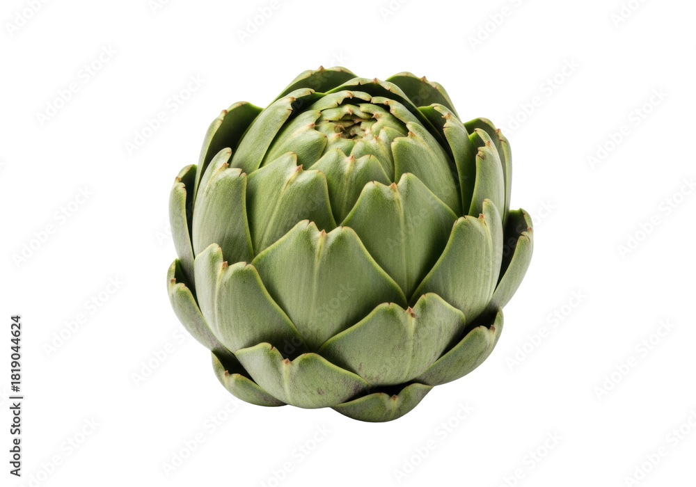 Fototapeta premium A single, pristine globe artichoke with vibrant green, thick leaves and subtle purple highlights, against a brilliant white, seamless background, concept of natural freshness and healthy eating