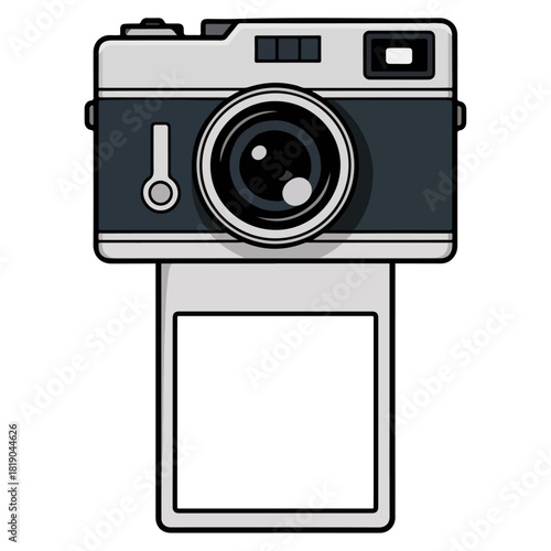 Retro instant camera illustration with front lens detail and blank developing photo sheet emerging from the bottom, vector digital camera icon, camera, photo, lens, photography, photograph, vector