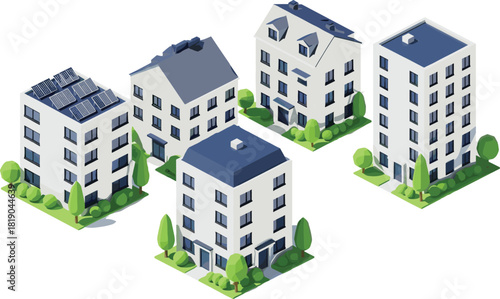 Modern residential buildings illustration with solar panels, eco-friendly architecture, sustainable housing neighborhood, green urban real estate design, energy-