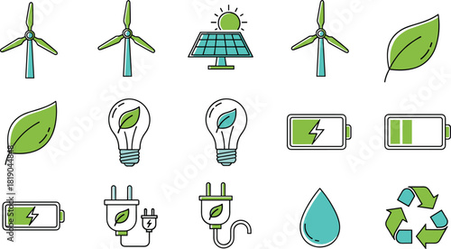 Renewable energy icon set, wind turbine, solar panel, battery, leaf bulb, eco plug, recycling symbol, green power, clean energy, vector illustration
