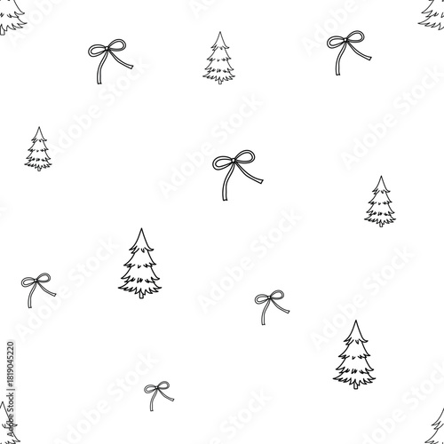 Simple and contemporary seamless design with only black bows and trees on a white background, offering high contrast for modern, elegant applications. Christmas 
