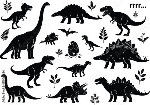 Black dinosaur silhouettes collection with prehistoric animals, baby dinosaurs, dinosaur egg, stegosaurus, tyrannosaurus rex, triceratops, brontosaurus, flying pterodactyl shapes, nature leaves 