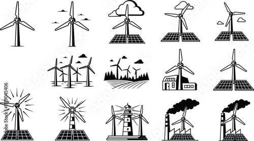 Renewable energy icons, wind turbines, solar panels, clean power generation, eco technology symbols, sustainable electricity, green energy illustration set for environmental and alternative energy 