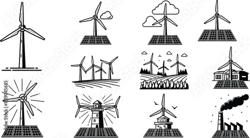 Renewable energy illustration, wind turbines and solar panels, eco power icons, sustainable technology artwork, clean electricity concepts, green energy design, environmental power generation graphics