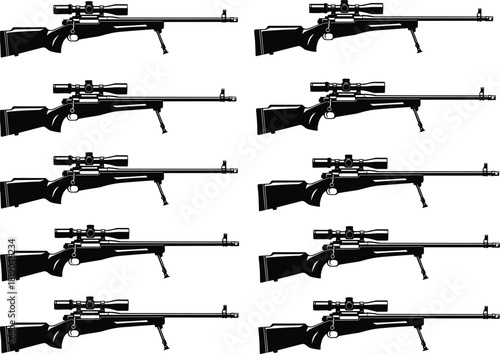 Set of detailed sniper rifle silhouettes, precision firearm illustration, tactical weapon design icons for military equipment concepts, shooting gear graphics, black rifle artwork collection