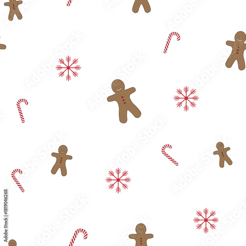 Highly versatile seamless pattern combining gingerbread figures, bright candy canes, and delicate snowflakes on a crisp white backdrop, symbolizing winter sweetness.