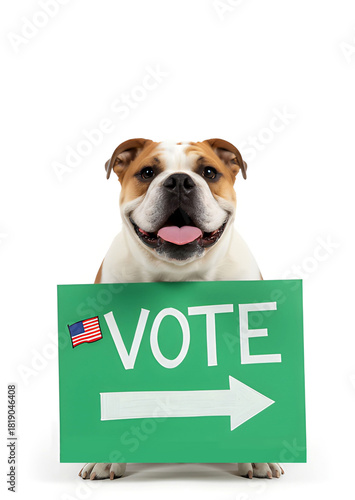 Joyful Bulldog Mascot Holding Green Vote Sign with American Flag Sticker and Pointing Arrow - Cute Patriotic Election Illustration for Civic Motivation