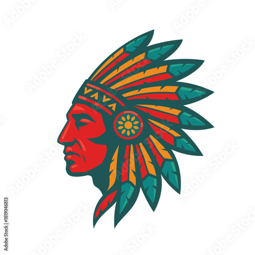illustration of a Native American in a traditional feathered headdress, also known as a war bonnet.
