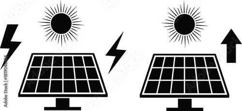 Solar energy production icons, photovoltaic panel symbols, renewable power generation, sunlight electricity concept, clean energy illustration, solar power output graphic, eco-friendly technology 