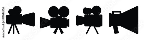 Vintage movie cameras and megaphone silhouettes for filmmaking and media projects