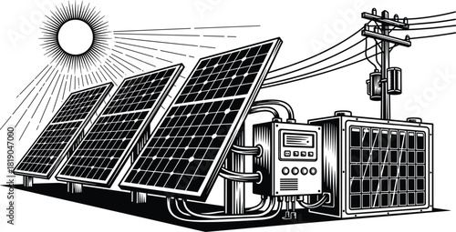 Solar energy system with photovoltaic panels, inverter, battery storage, and power grid connection under bright sunlight, renewable energy technology illustration for sustainability and clean power 