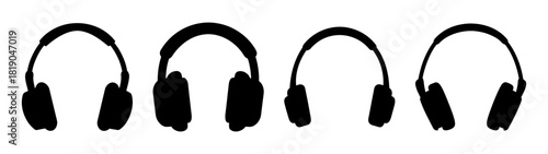Collection of four black silhouette headphones in a row minimalist design concept