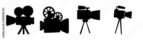 Collection of vintage and modern film cameras icons on tripods for media and production