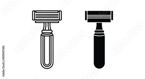 Safety Razor Icon Set – Line Art and Black Silhouette Vector Illustration