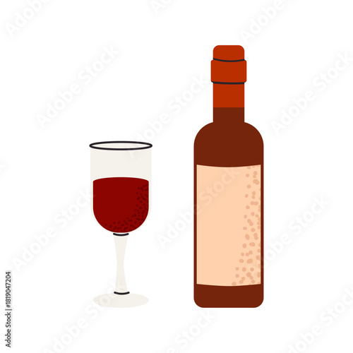 Vector illustration of a red wine bottle and glass in a flat style. Isolated element for menu design, restaurant, bar graphics, packaging, food projects and drink-themed layouts.