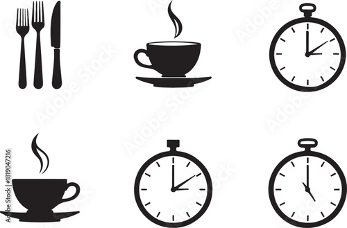 Set of six black and white icons depicting cutlery coffee cups and clocks