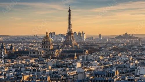 An aerial view of the Eiffel Tower, dominating the cityscape of Paris, France, with a clear sky backdrop 