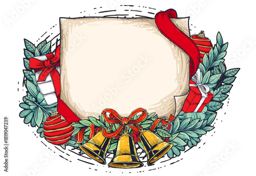 Hand-drawn crayon Christmas frame with festive bow and vintage ornaments, whimsical doodle border featuring party ribbons, disco balls and champagne glass. Retro sketch design with mass tree