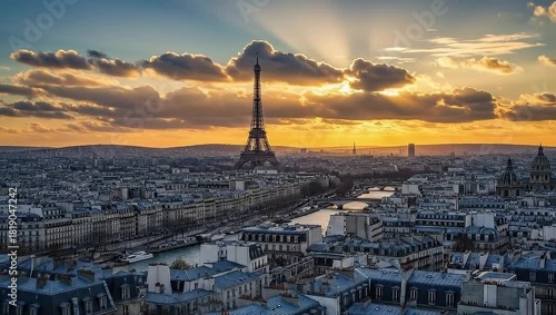 The Eiffel Tower, standing tall amidst a beautiful cityscape. The scene is bathed in the warm hues of the setting sun, with stunning cloud formations and intricate details of the city. 