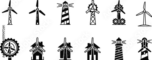 Wind turbine and lighthouse icon set featuring renewable energy symbols, mechanical gear elements, eco-friendly power generation, sustainable technology concepts, and clean energy industrial 