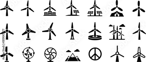 Wind turbine icon set, renewable energy silhouettes, eco friendly power generation symbols, sustainable electricity vector illustration, environment protection 