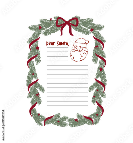 Dear Santa letter template. Christmas holiday card design. Blank Christmas paper. Flat vector illustration.