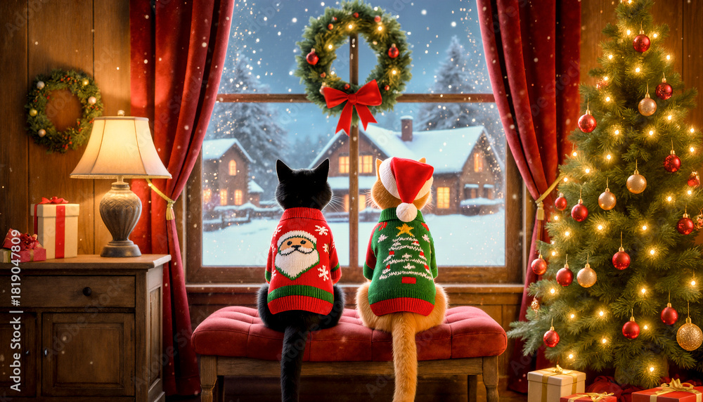 Obraz premium Gatti A Natale Di Fronte Ad Una Finestra