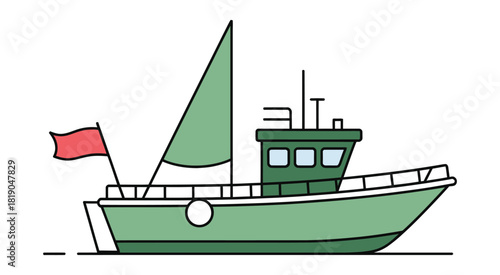 Green sailboat with a triangular sail and small flag, sailing on calm water, perfect for nautical artwork, sailing illustrations