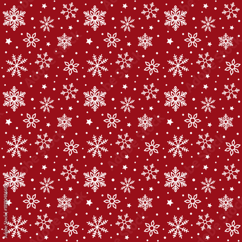 Seamless pattern snow illustrations in various sizes and variations on a red background perfect for Christmas. Great for wrapping paper and tablecloth designs.