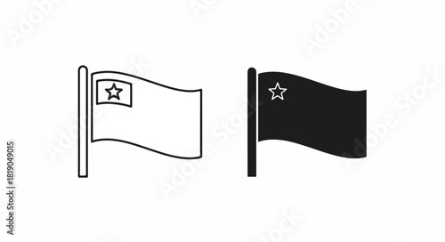 Two simple flag icons with a star, one in black outline and one solid silhouette, waving on a flagpole.