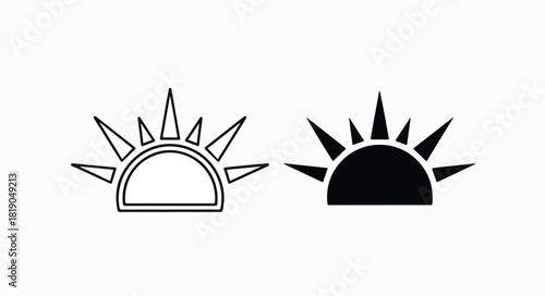 Sunrise Icon Set - Line Art and Black Silhouette Half Sun with Rays