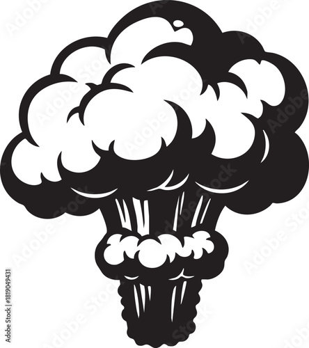 Monochrome vector graphic of a massive mushroom cloud, a stylized icon representing a powerful atomic bomb explosion or detonation