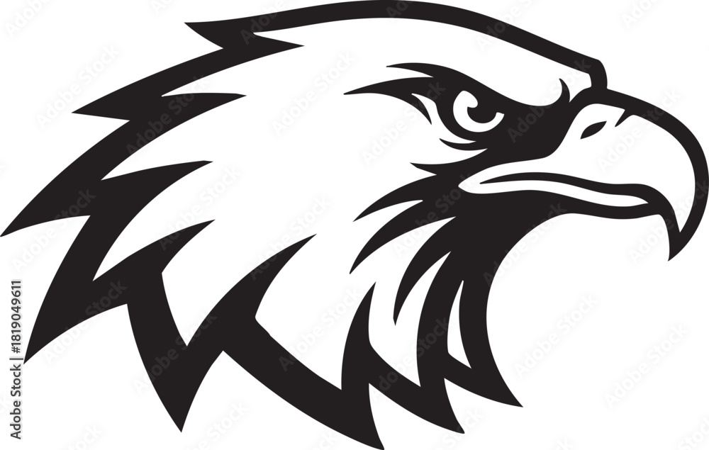 Obraz premium Fierce eagle head mascot in a bold black and white vector graphic style. This bird of prey is a powerful symbol of strength, freedom, and vision