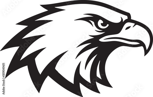 Fierce eagle head mascot in a bold black and white vector graphic style. This bird of prey is a powerful symbol of strength, freedom, and vision