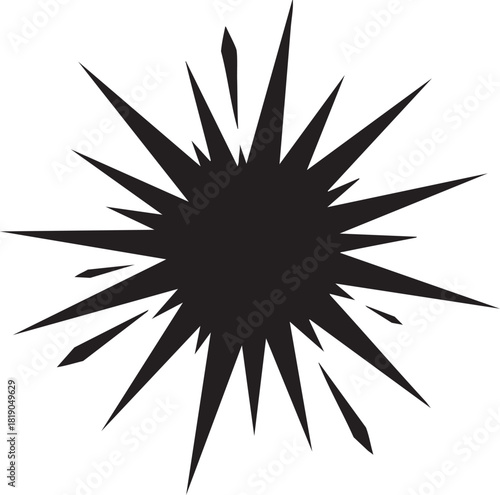 Dynamic black starburst silhouette, a vector graphic of a radial explosion or splash with sharp, pointed spikes creating a sense of impact