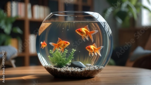 Vivid goldfish swim in a round glass aquarium atop a wooden table, with a blurred bookshelf backdrop