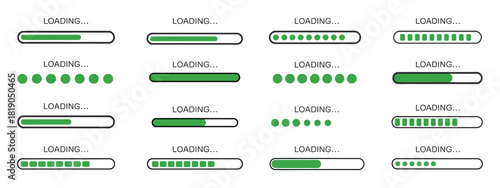 Loading bar icons featuring progress indicators, loading status symbols, and vector illustrations on a white background, perfect for app design, user interfaces
