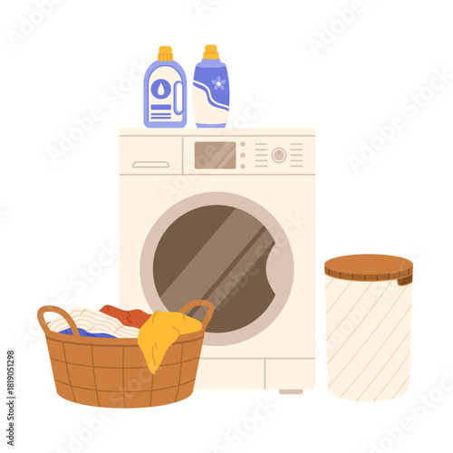 Washing machine and basket of laundry. Flat vector isolated illustration