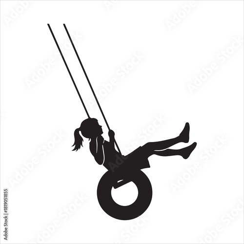 Child silhouette swinging on a tire swing, carefree fun moment Art & Illustration