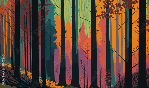 Color field abstract art forest with tall dark trees and vivid colors