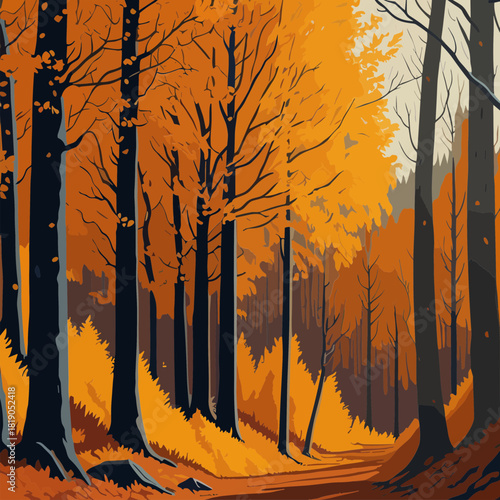 Color field painting style autumn forest path with warm orange foliage