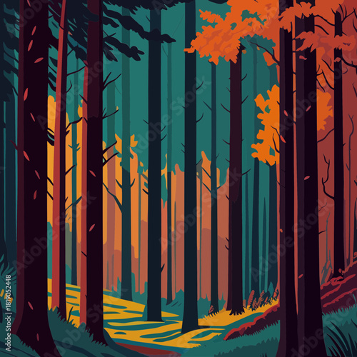 Color field painting style forest with teal trees and orange ground light