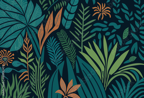 Folk art inspired tropical jungle pattern with green orange botanical leaves