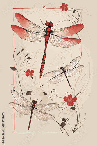 Graphic design of red dragonflies with flowers in a bordered rectangle