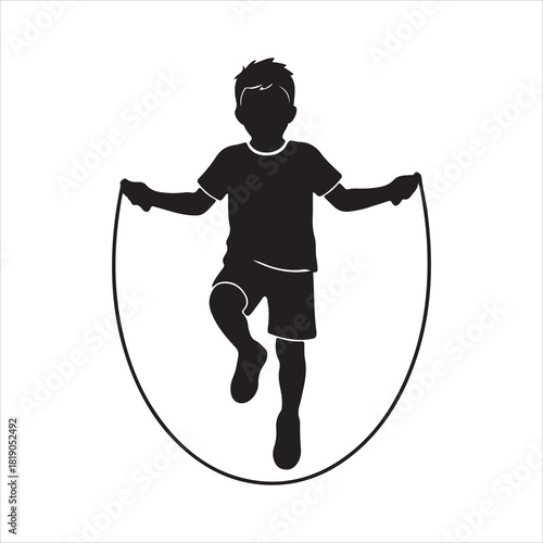 Young boy skipping rope silhouette, dynamic childhood activity Art & Illustration