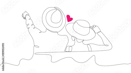 A couple on a staycation one line drawing