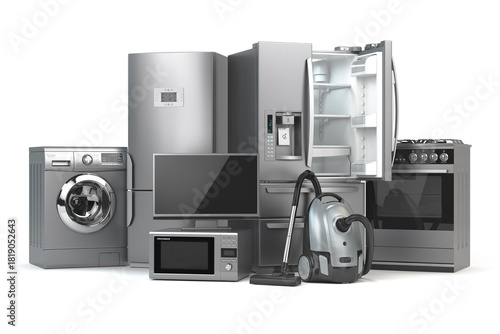 Home appliances. Set of household kitchen technics isolated on white background. Fridge, gas cooker, microwave oven, washing machine and vacuum cleaner. 3d