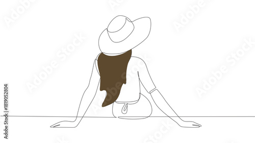Simple continuous line drawing of woman on holiday having a picnic on the beach holiday minimalist concept sea holiday diving simple line vector