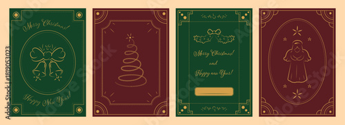 Set of vintage-style Christmas posters with classic holiday illustrations and symbols. Designed in deep green and burgundy palettes with golden line-art details and ornate borders. Holiday cards.