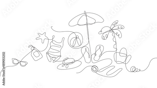 Continuous line seaside resort holiday beach set drawing vector illustration one line drawing